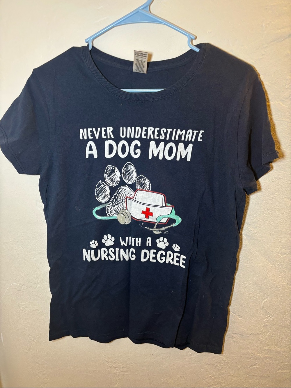 Gildan Navy Dog Mom Nursing Degree Tee with Paw & Nurse Cap
